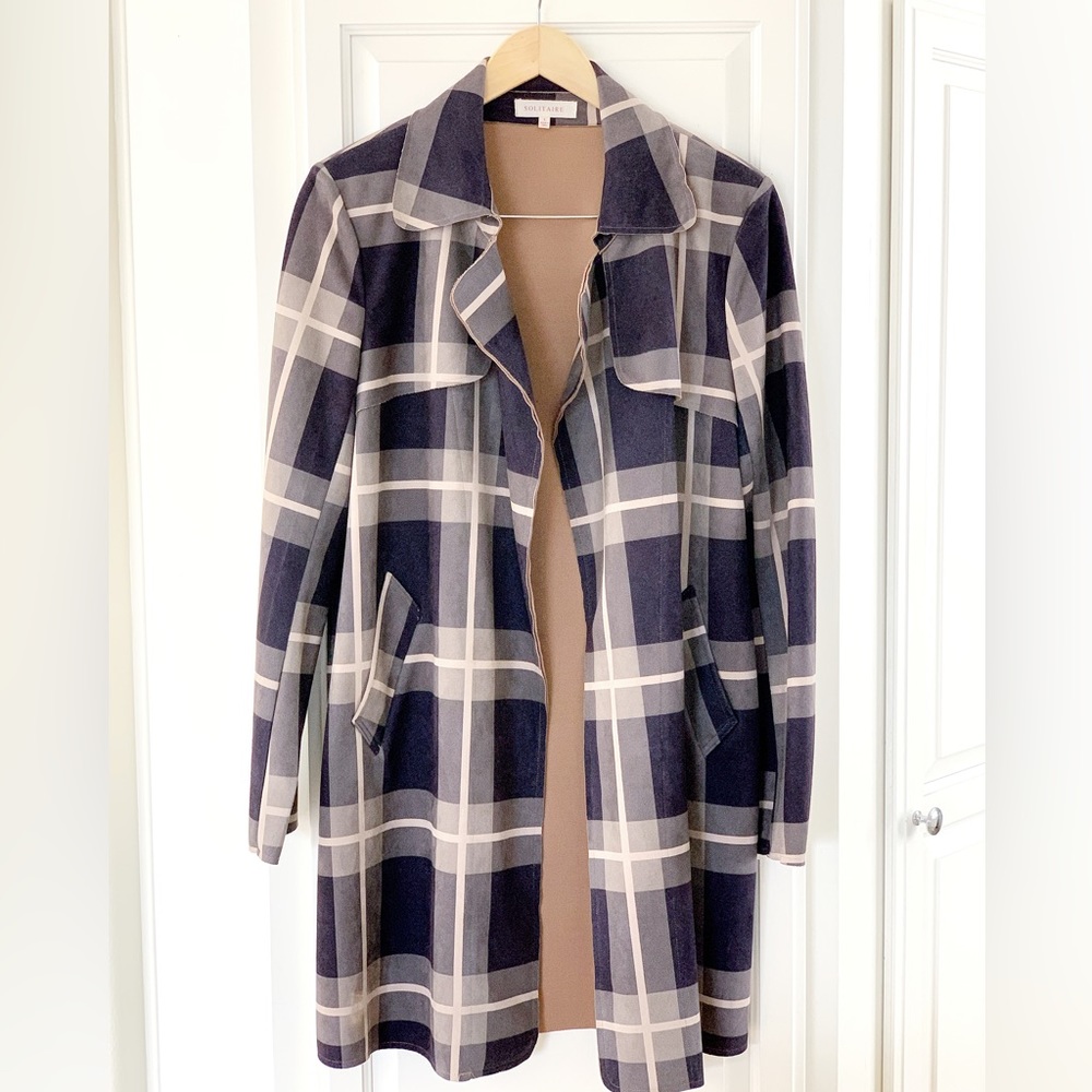 🧥SOLITAIRE Plaid Faux Suede Trench Coat - Picture 3 of 11